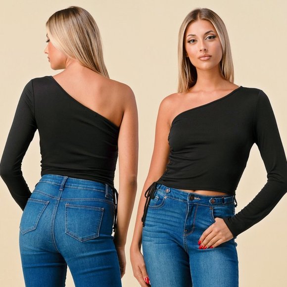 Black One-Shoulder Crop Top - Picture 2 of 7